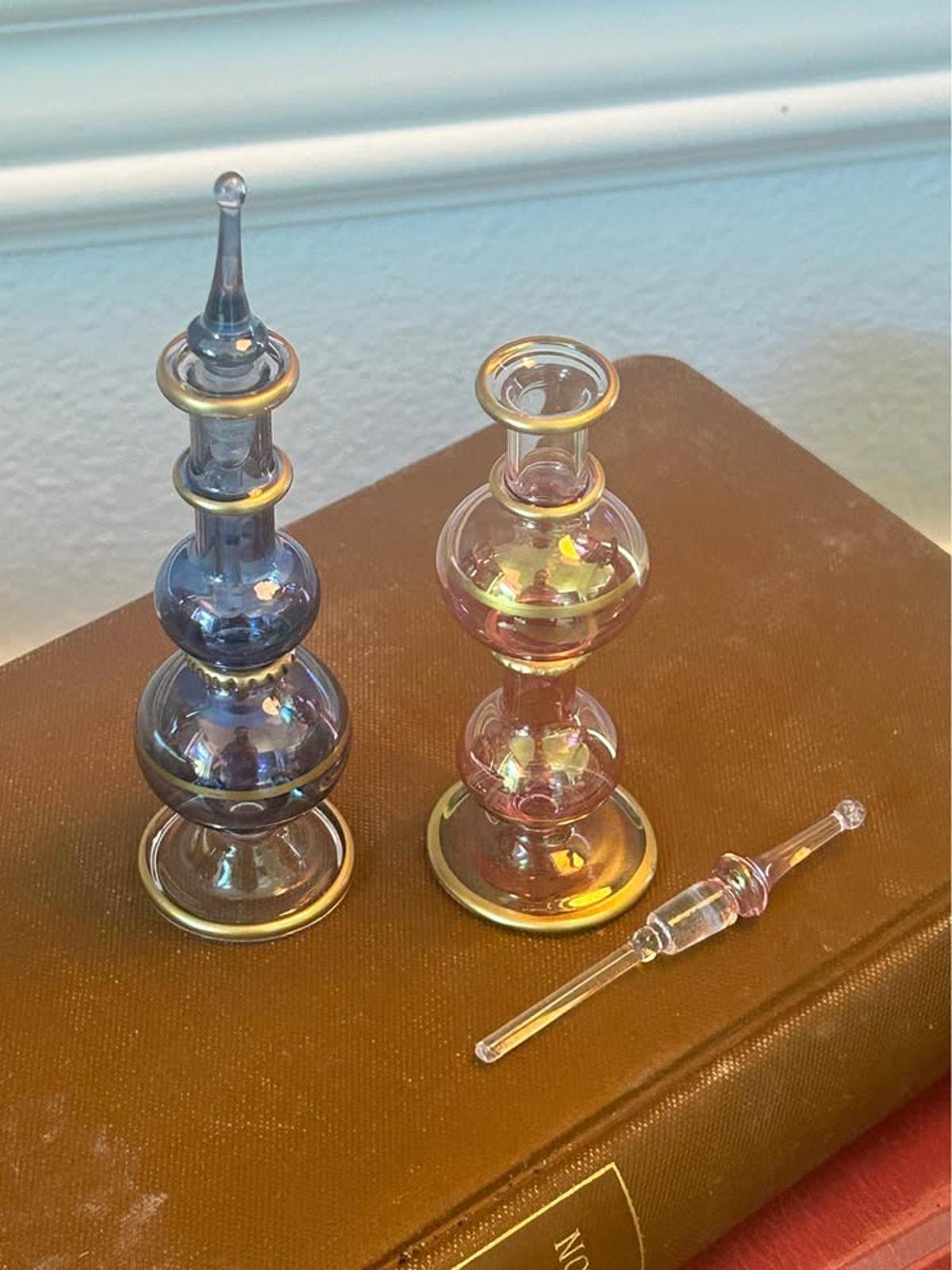 Vintage Egyptian Hand Blown Glass Perfume Bottles Gold Gilt Trim Set of Two