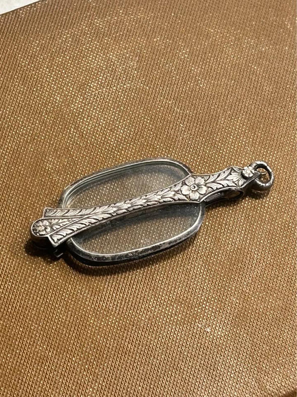 Antique Sterling Silver Floral Engraved Folding Lorgnette