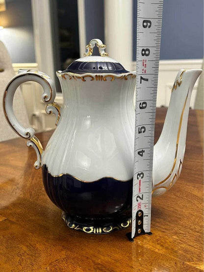 Vintage Zsolnay Pécs Hungary Cobalt Blue & Gold Porcelain Coffee Pot