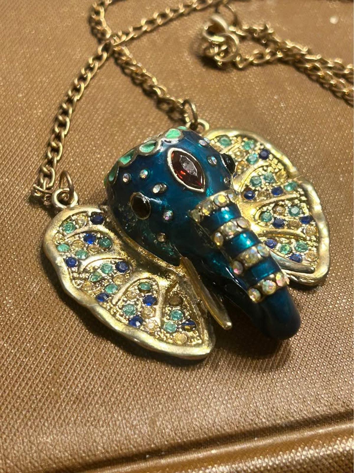 Vintage Betsey Johnson Blue Enamel Elephant Pendant Necklace