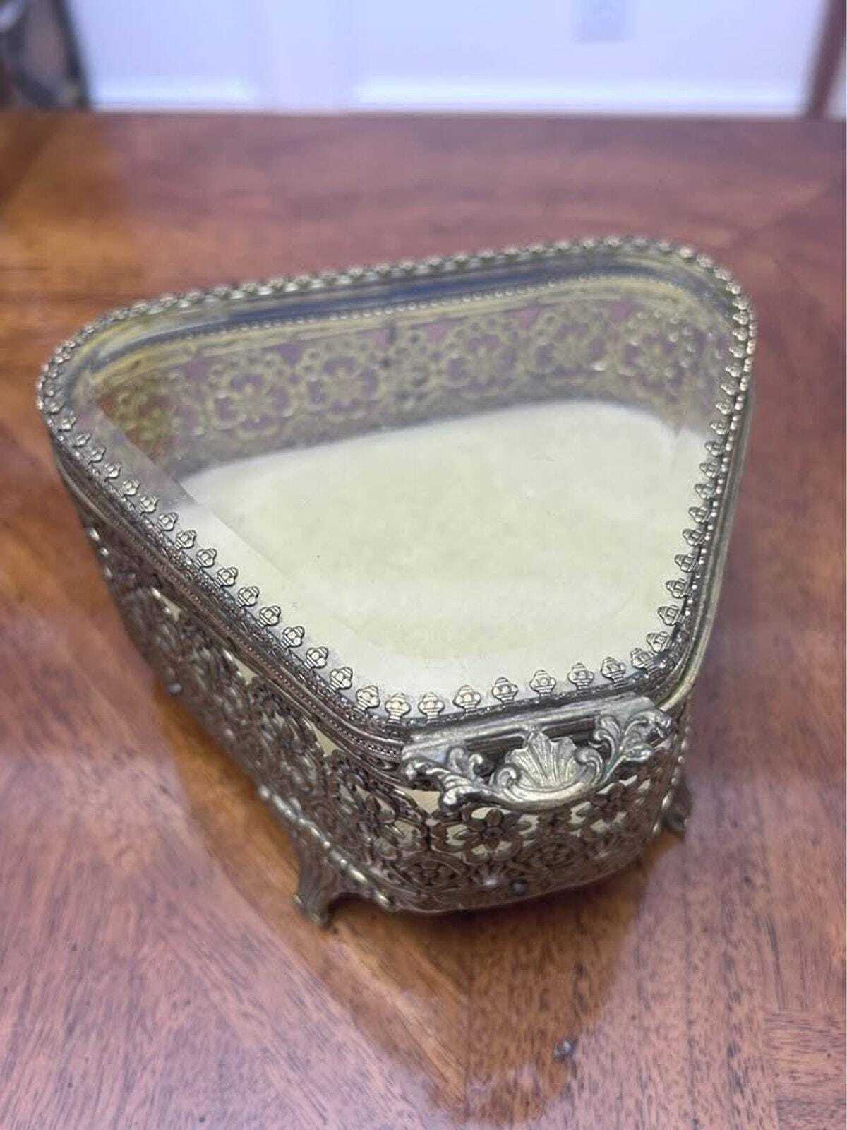 Vintage Hollywood Regency Ormolu Beveled Glass Trinket Box Floral Vanity Casket