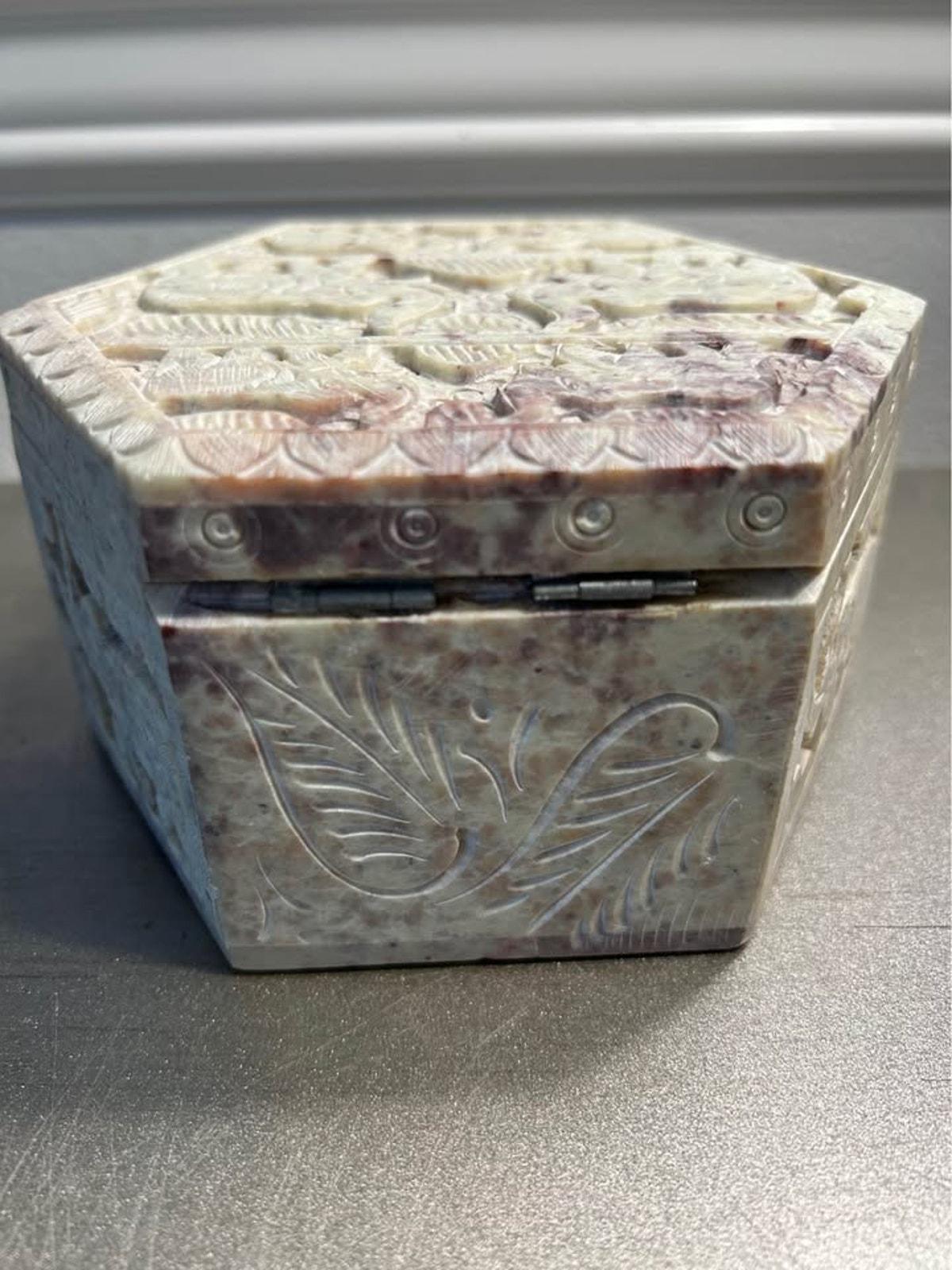 Hand-Carved Soapstone Hexagonal Box with Elephant Relief