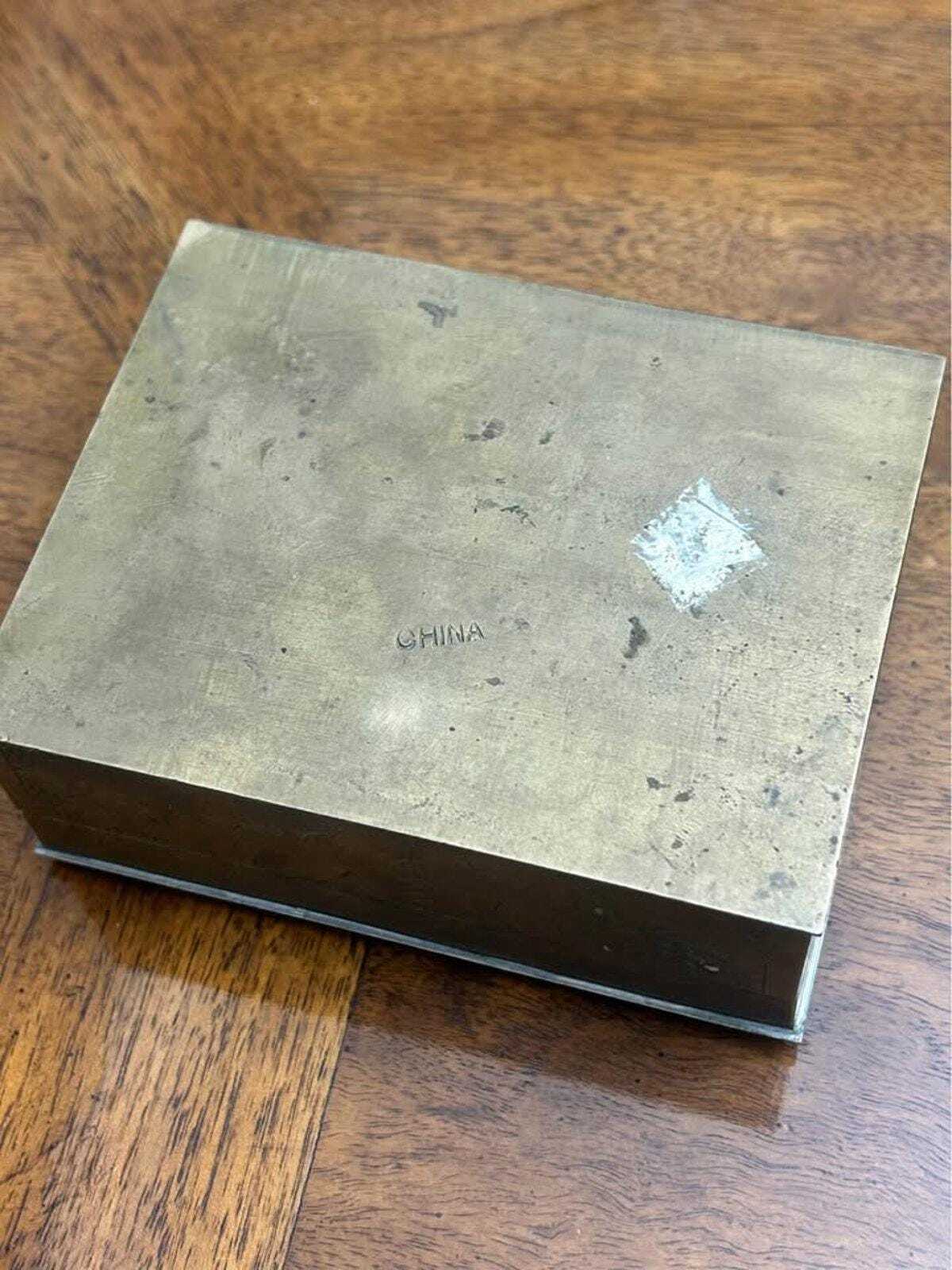 Vintage Chinese Export Brass Trinket Box with Faux Jade Peking Glass Medallion