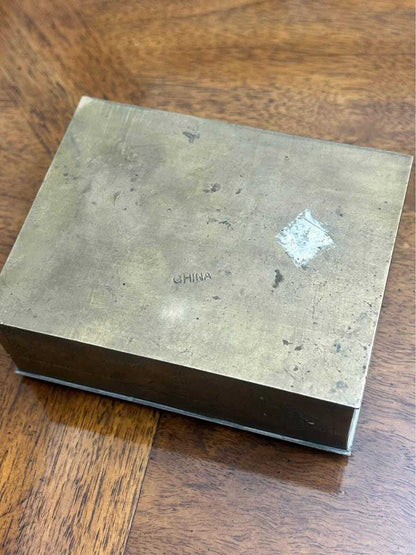Vintage Chinese Export Brass Trinket Box with Faux Jade Peking Glass Medallion