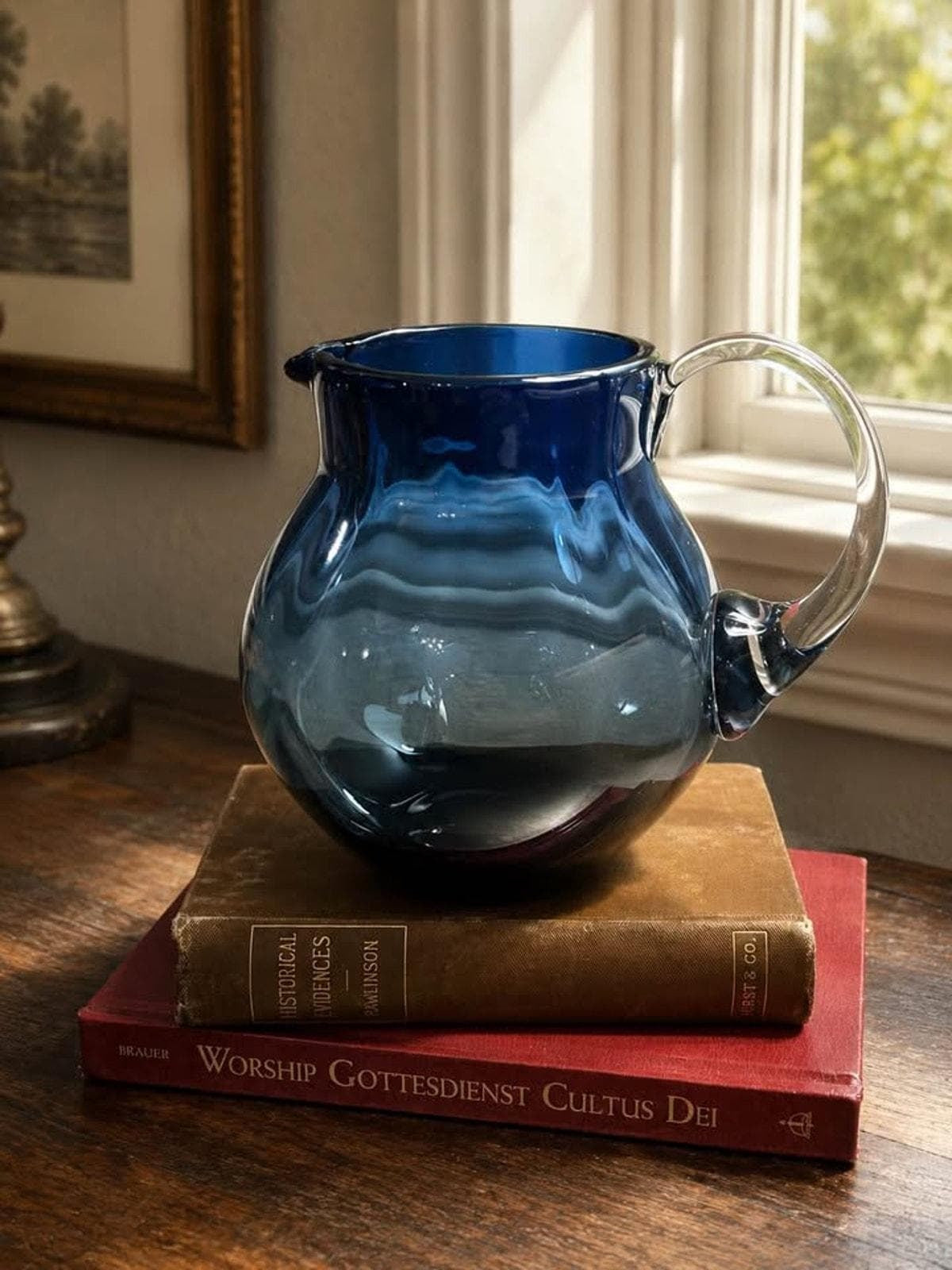 Mid-Century Hand-Blown Blue Art Glass Pitcher | Optic Ribbed Bulbous Jug with Clear Applied Handle