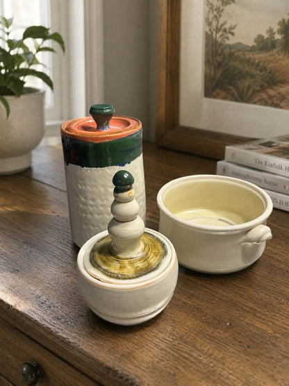 Studio Pottery 3 Piece Set - Lidded Canister Crock and Vessel, Hand Carved Ceramic Art