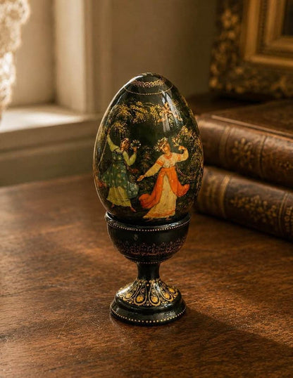 Vintage 1971 Palekh Russian Lacquer Egg on Stand O. Vonokina Miniature