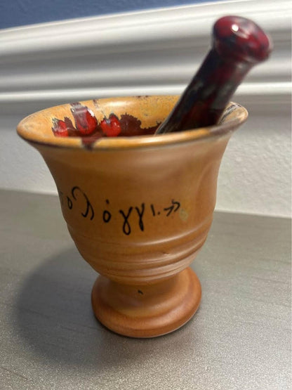 Vintage Handmade Greek Ceramic Mortar and Pestle | Signed Missolonghi Terracotta | Hellenic Folk Art Kitchenware