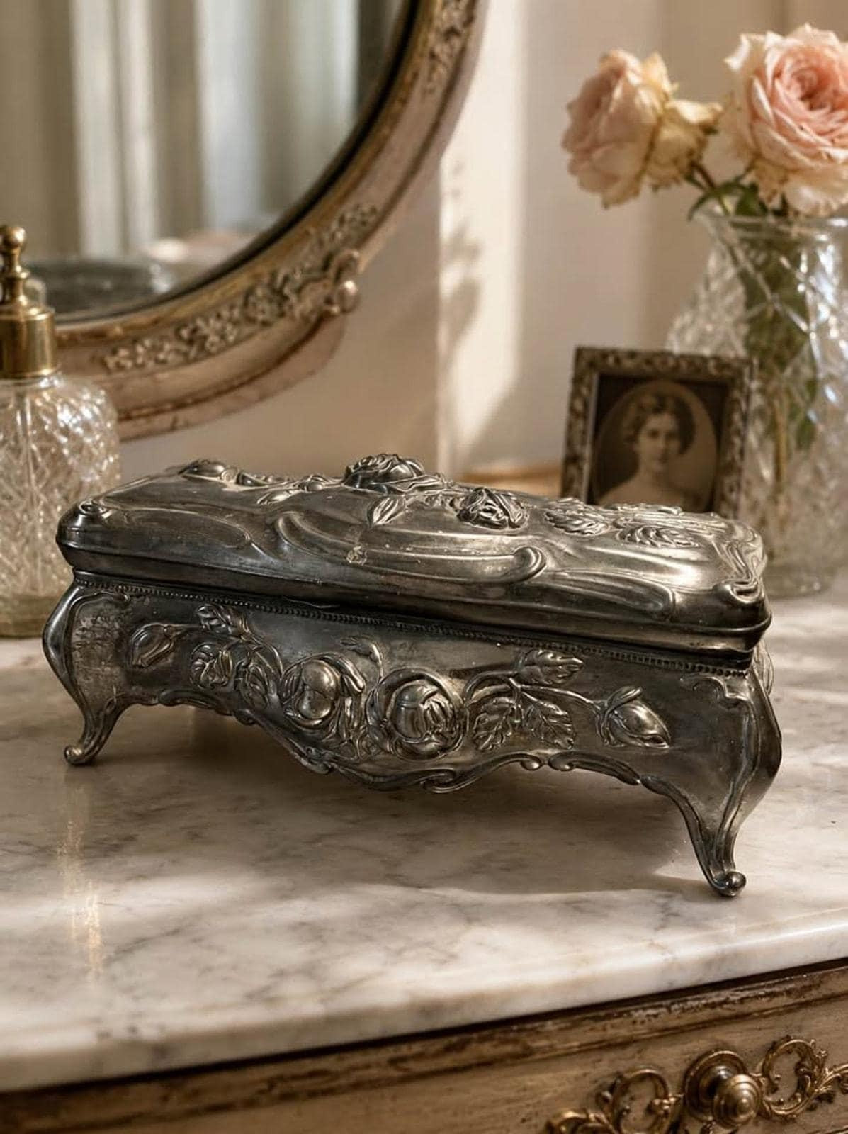 Large Antique Art Nouveau Repoussé Rose Jewelry Box - 1900’s