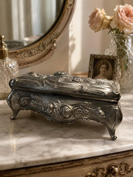 Large Antique Art Nouveau Repoussé Rose Jewelry Box - 1900’s