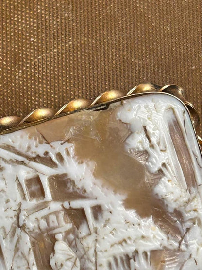 Victorian Grand Tour Hand Carved Shell Cameo Brooch, Large Sardonyx Landscape Village Scene