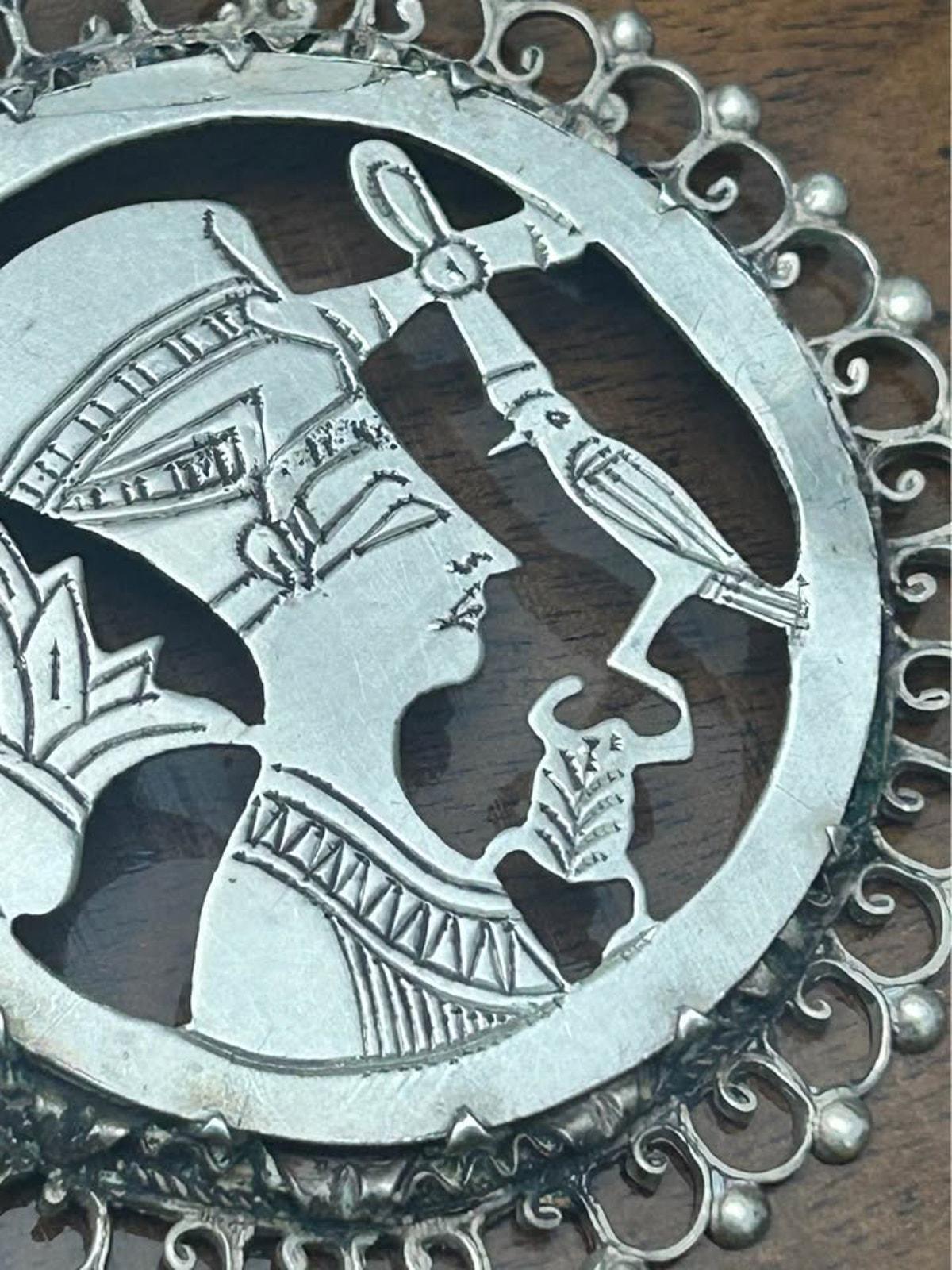 Vintage Egyptian Revival Sterling Silver Nefertiti Pendant Large Cut Out Medallion