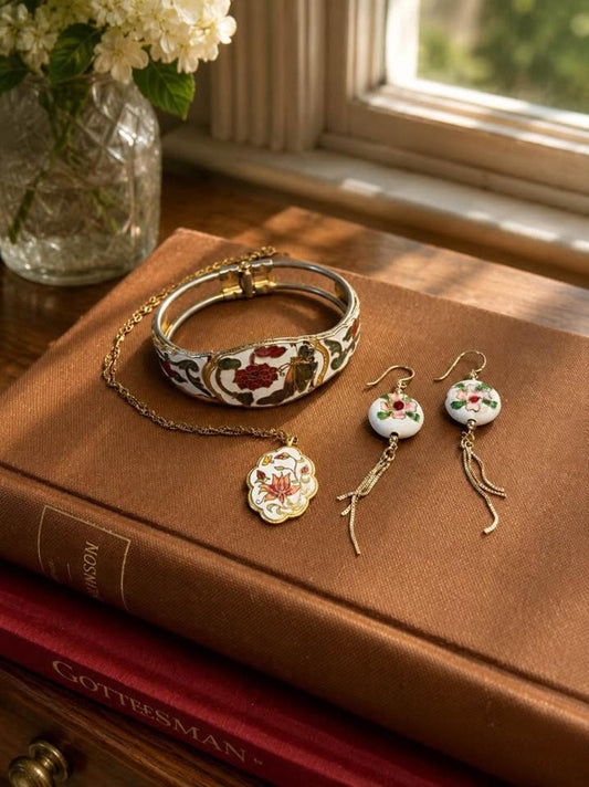 Vintage Chinese Cloisonné Jewelry Set | White Floral Butterfly Bangle, Pendant & Earrings
