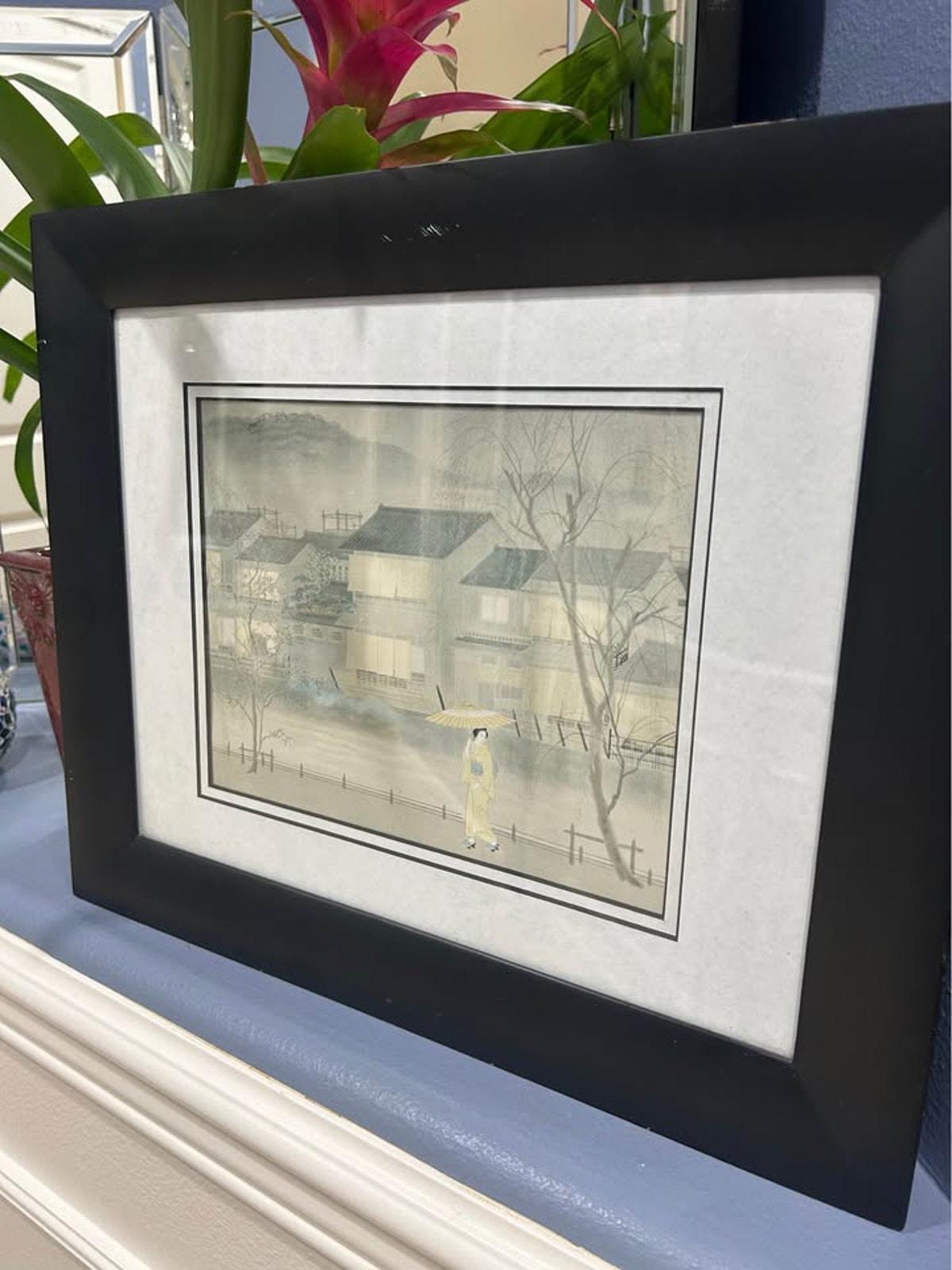 Vintage Japanese Woodblock Print - Geisha in Rain