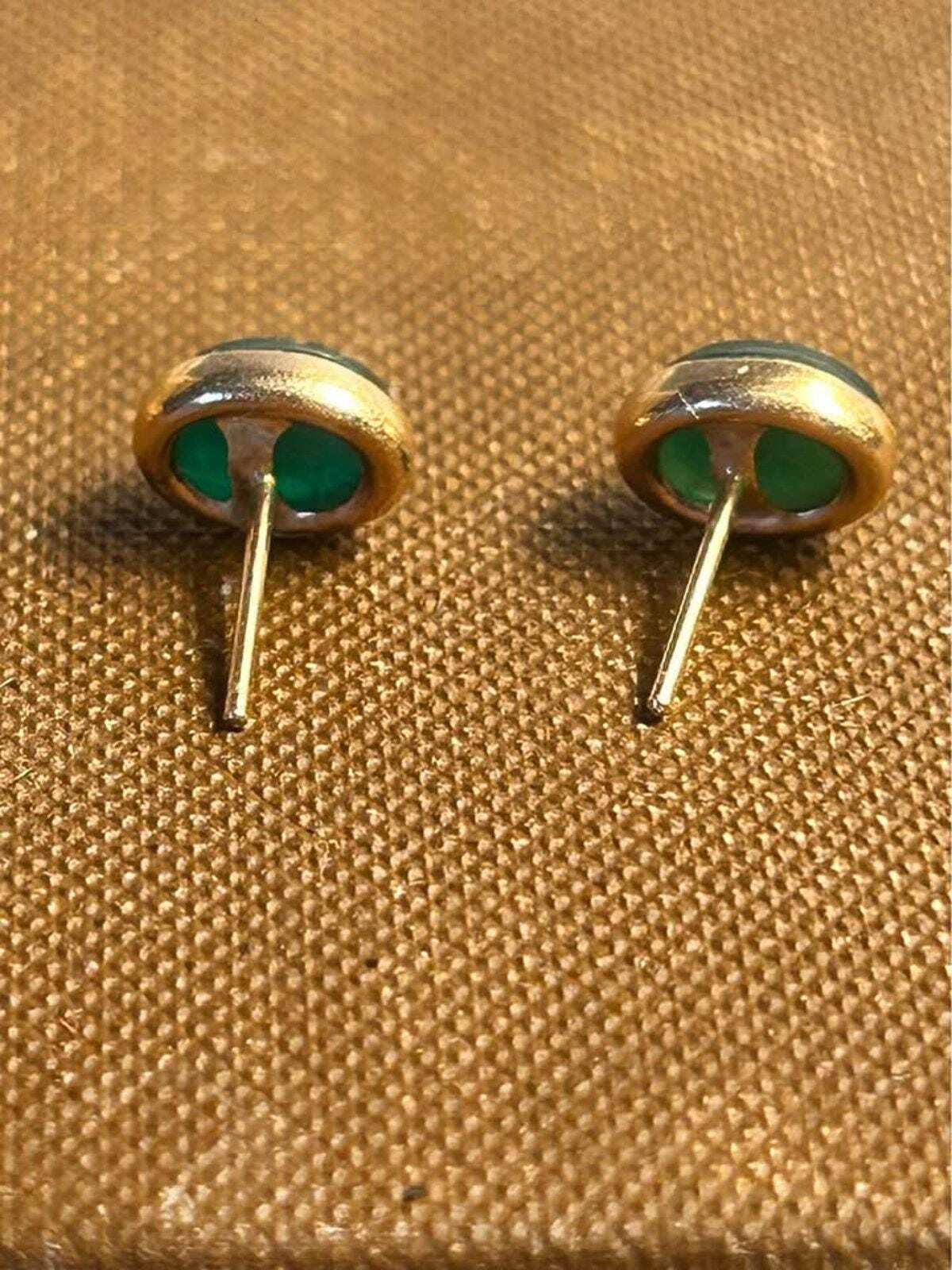 Vintage Russel Creations 14k Gold Carved Green Scarab Stud Earrings