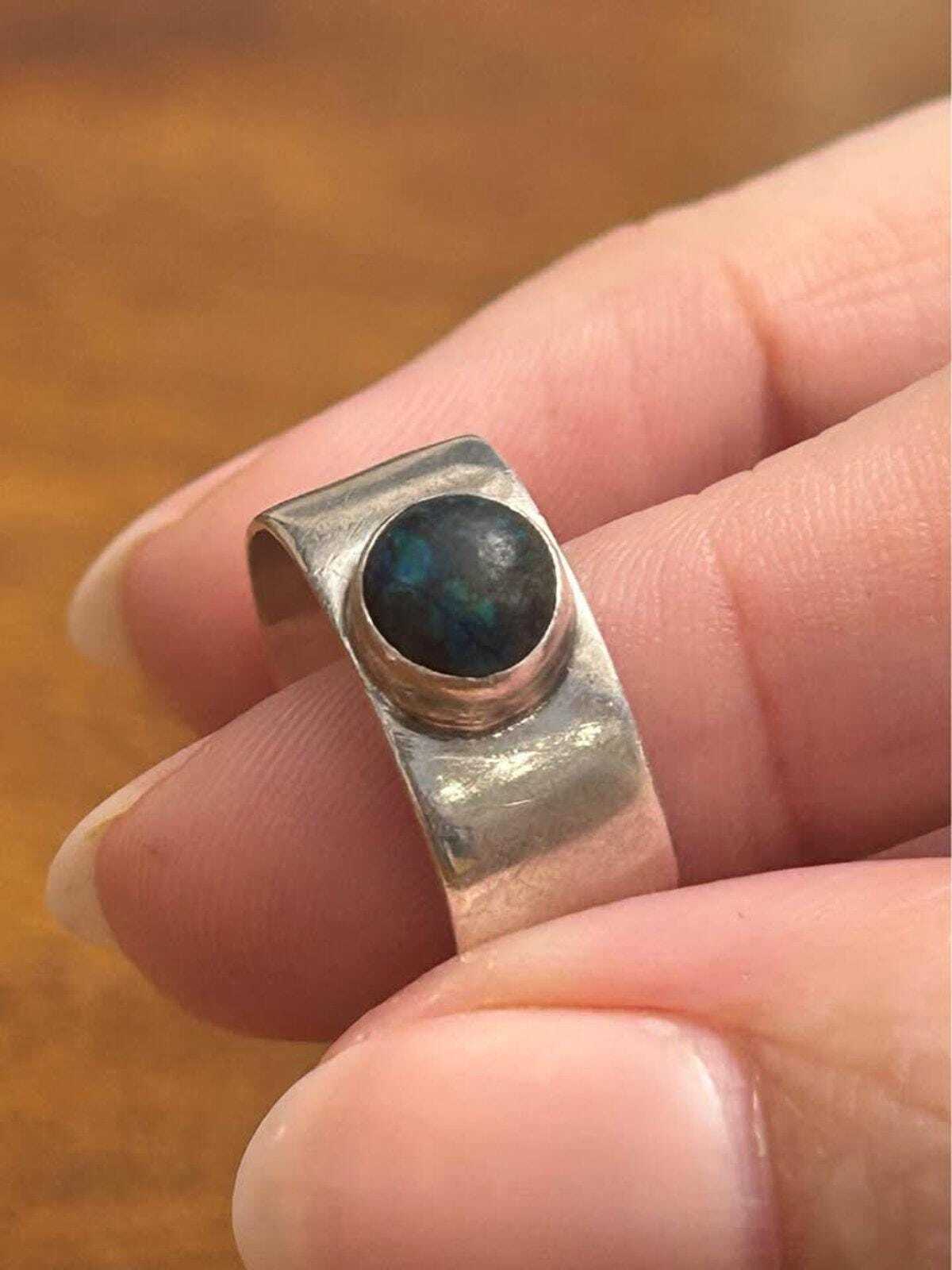 Vintage 1974 LMP Sterling Silver Wide Band Ring – Azurite Cabochon, Size 9.25