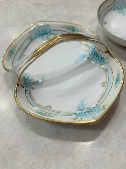 Antique Morimura Brothers Nippon Hand-Painted Porcelain Divided Dish and Bowl Set with Blue Florals
