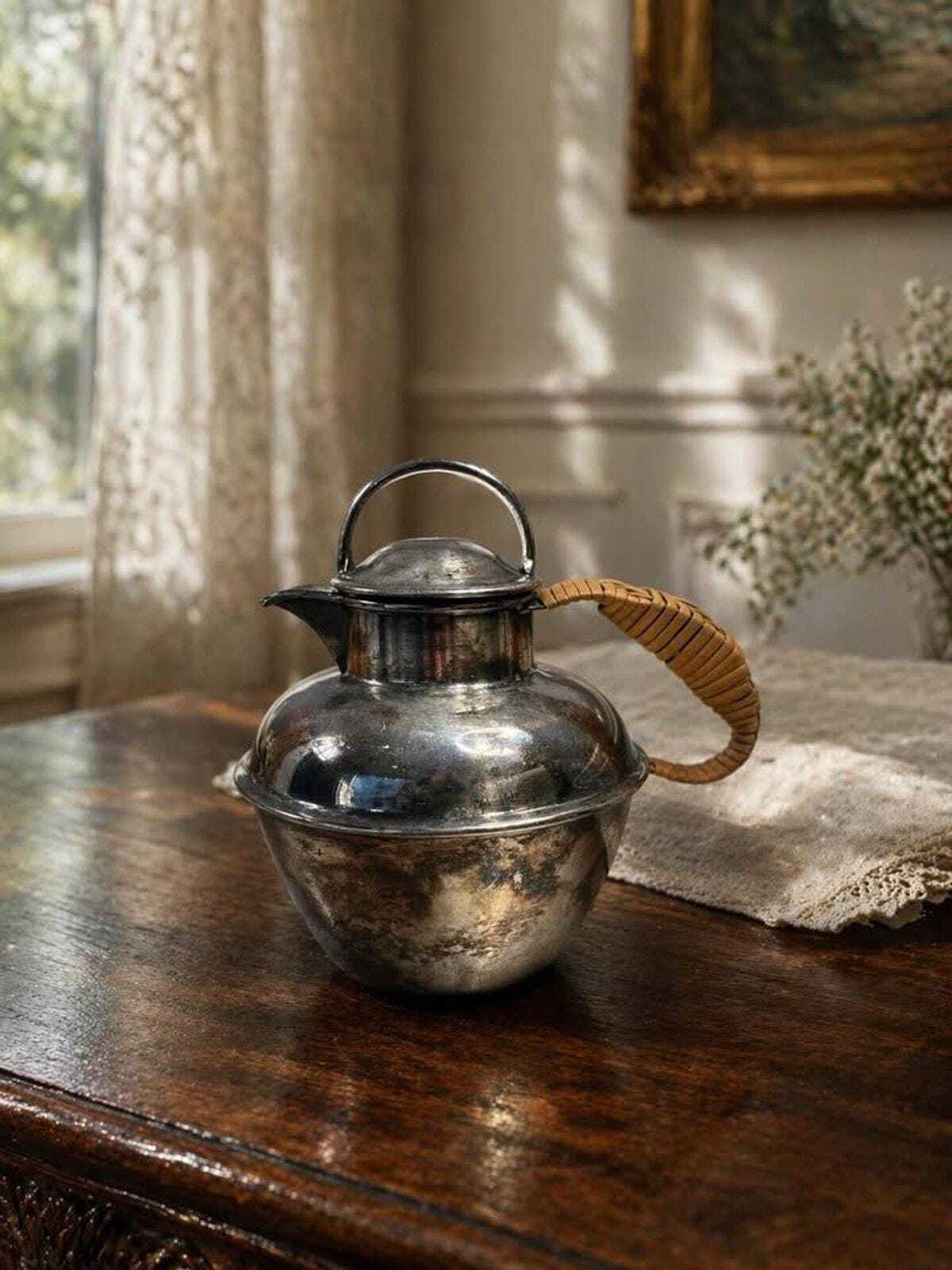 Lawrence B. Smith Co. Silver Plate Teapot | Pattern 1119 Pitcher with Woven Rattan Handle