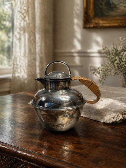 Lawrence B. Smith Co. Silver Plate Teapot | Pattern 1119 Pitcher with Woven Rattan Handle
