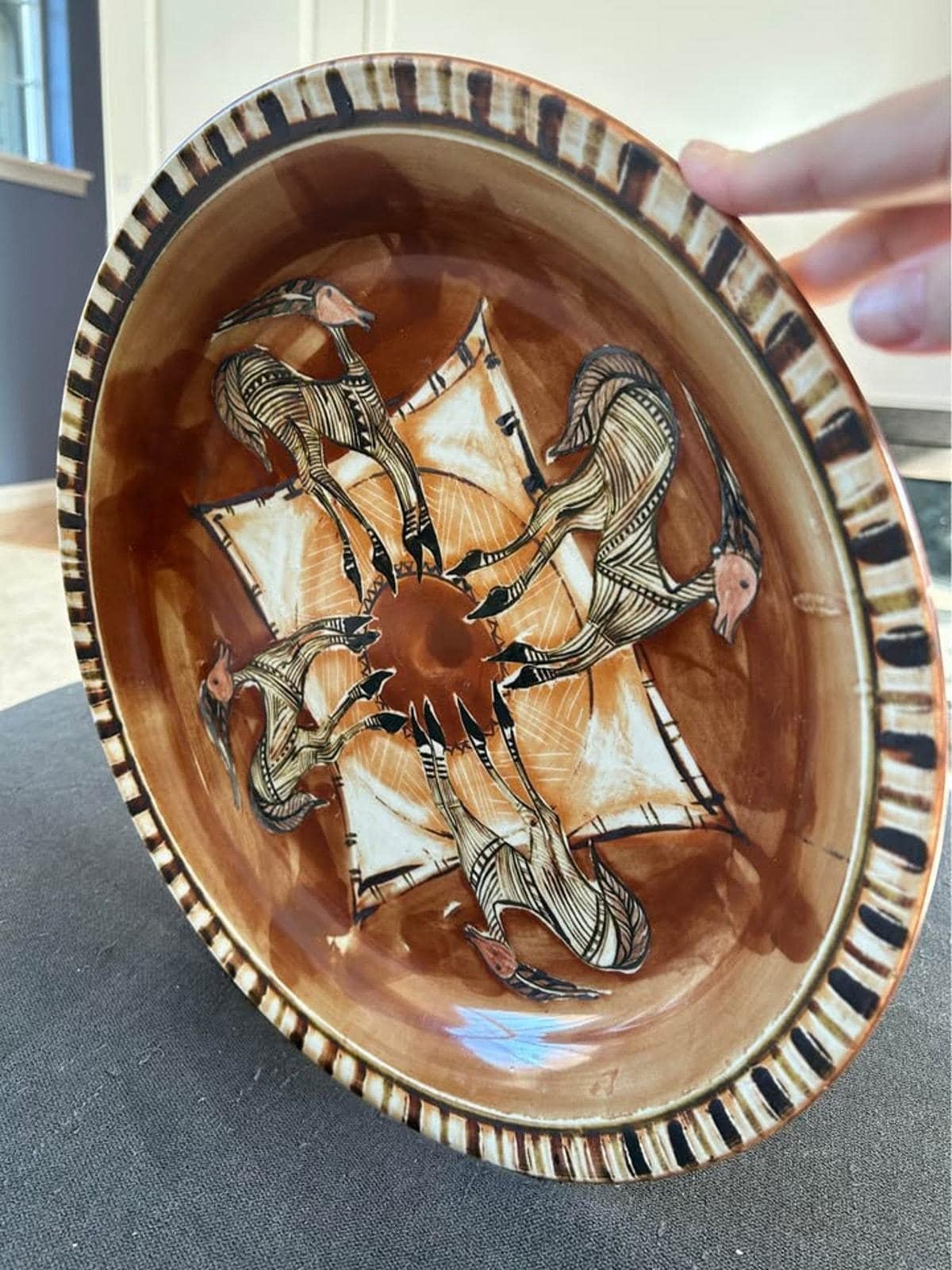 Monique Abatt Signed Studio Pottery Bowl – Hand-Painted Gazelle Motif, Mid-Century Ceramic Art