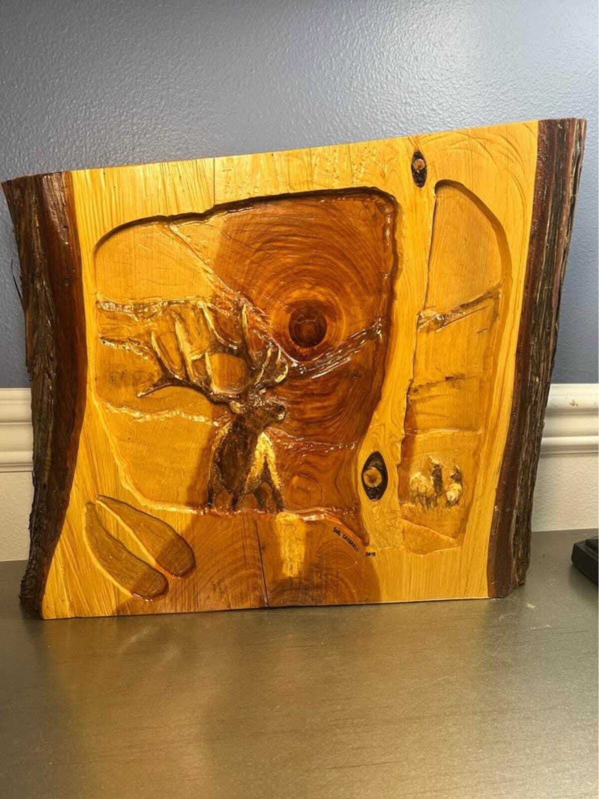 Sue Cockrell Signed Relief Carved Elk Wood Wall Art
