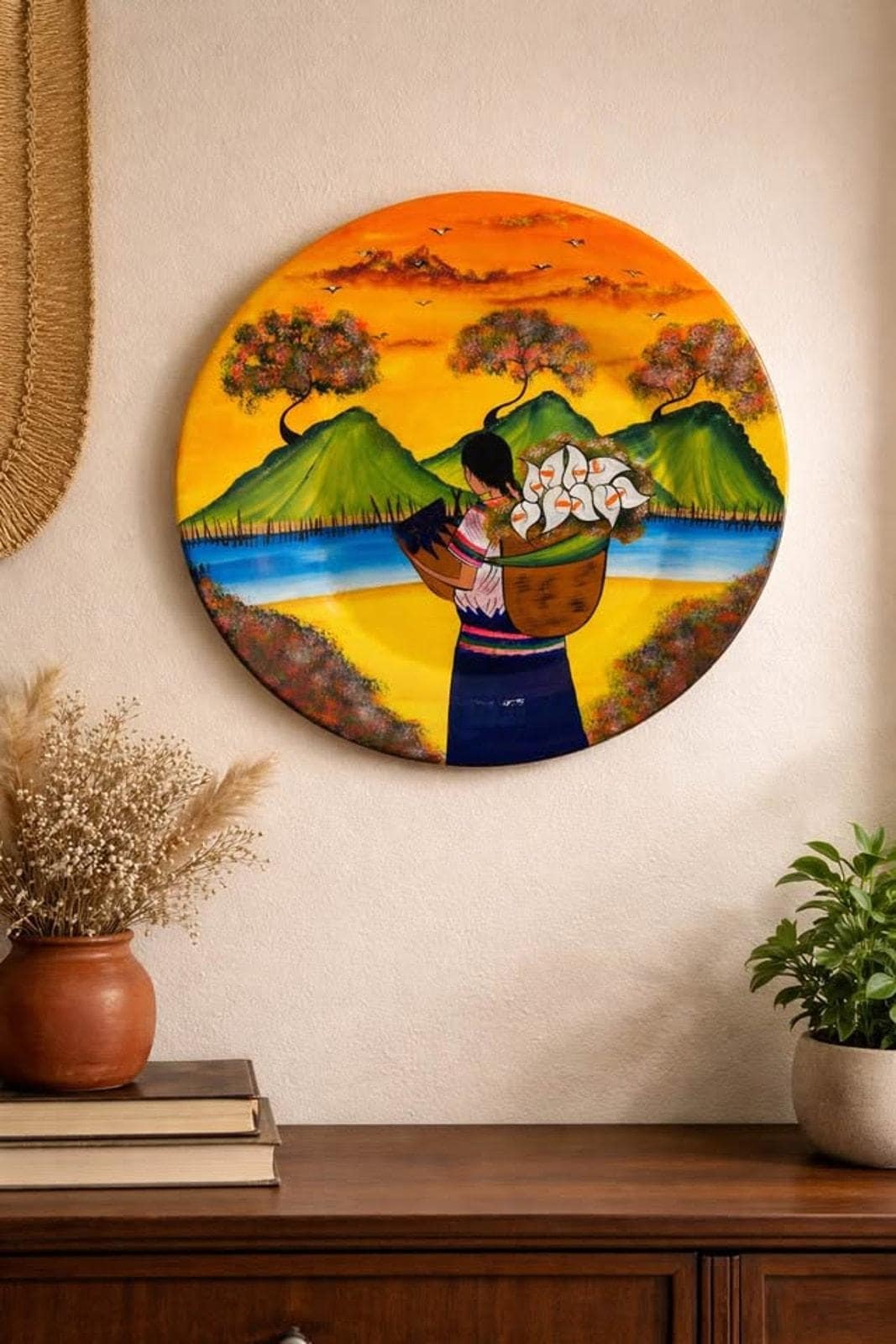 Vintage Tonalá Terracotta Charger, Gabriel Hand-Painted Mexican Folk Art, 15.5" Calla Lily Pottery