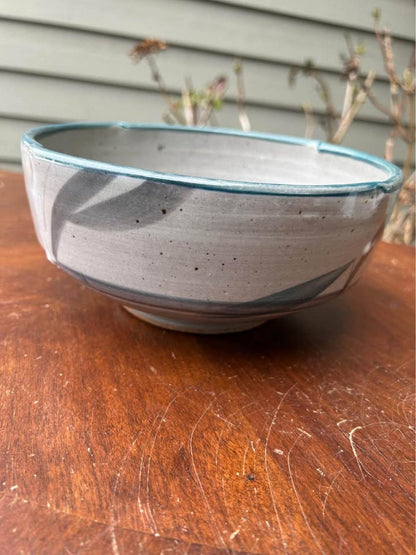 Vintage Signed Studio Pottery Serving Bowl | Hand-Painted Hakeme Brushwork | 8-Inch Notched Stoneware