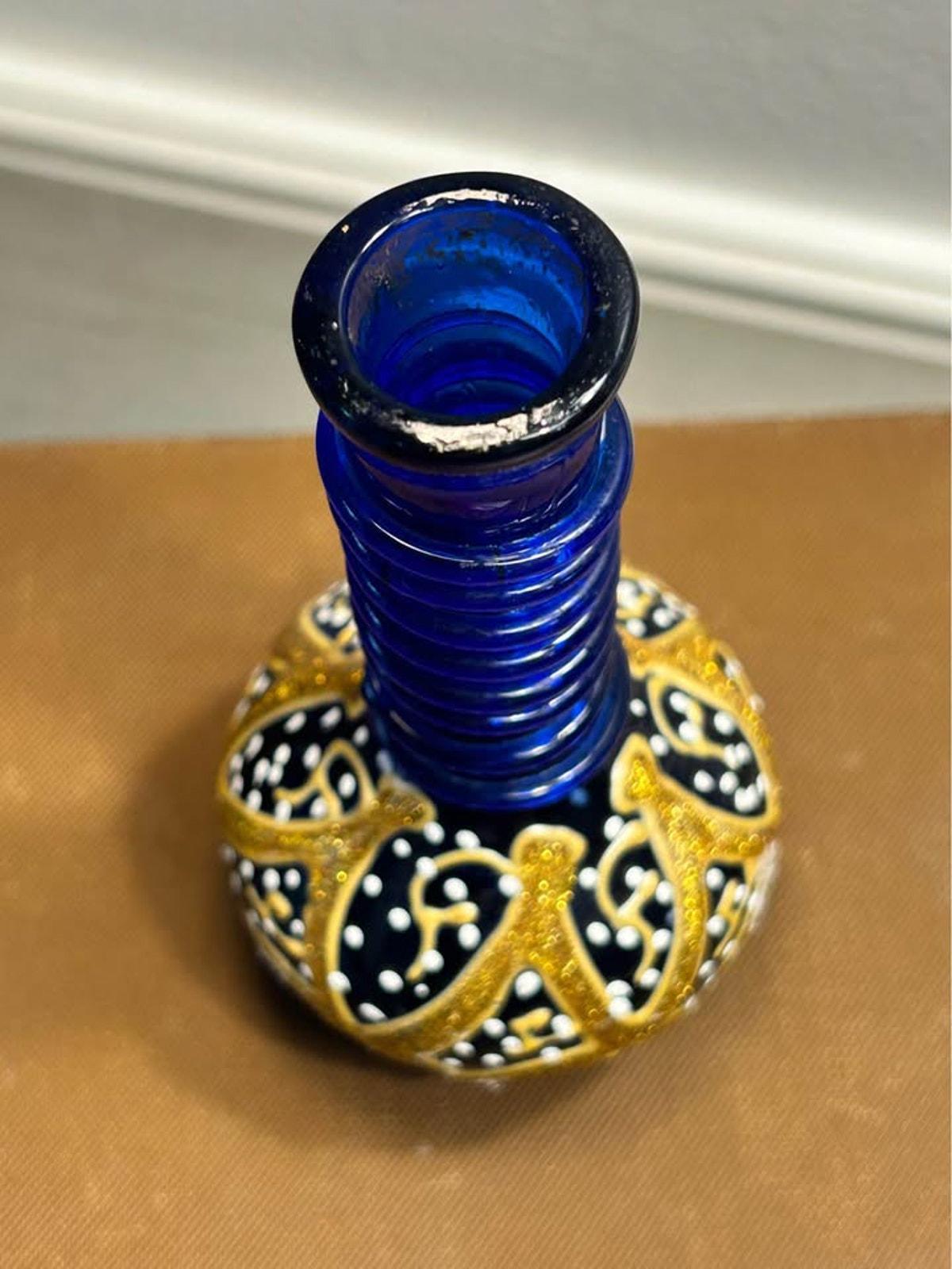 Vintage 1970s Bohemian Style Cobalt Blue & Gold Glass Miniature Vase