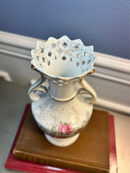 Vintage Norcrest Dresden Rose Vase - Pierced Rim & Gold Accents