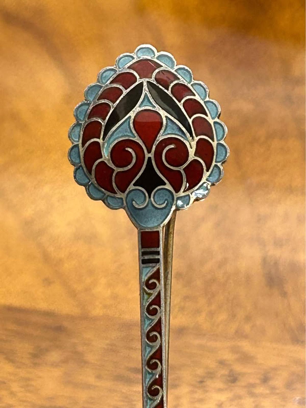 Antique J. Tostrup Sterling Silver Enamel Shawl Pin, Viking Revival Stick Brooch