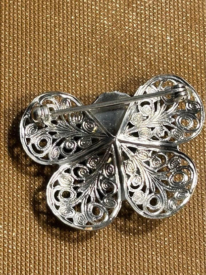 Mid-Century Vintage Silver-Tone Filigree Butterfly Brooch with Vibrant Green Glass Cabochon