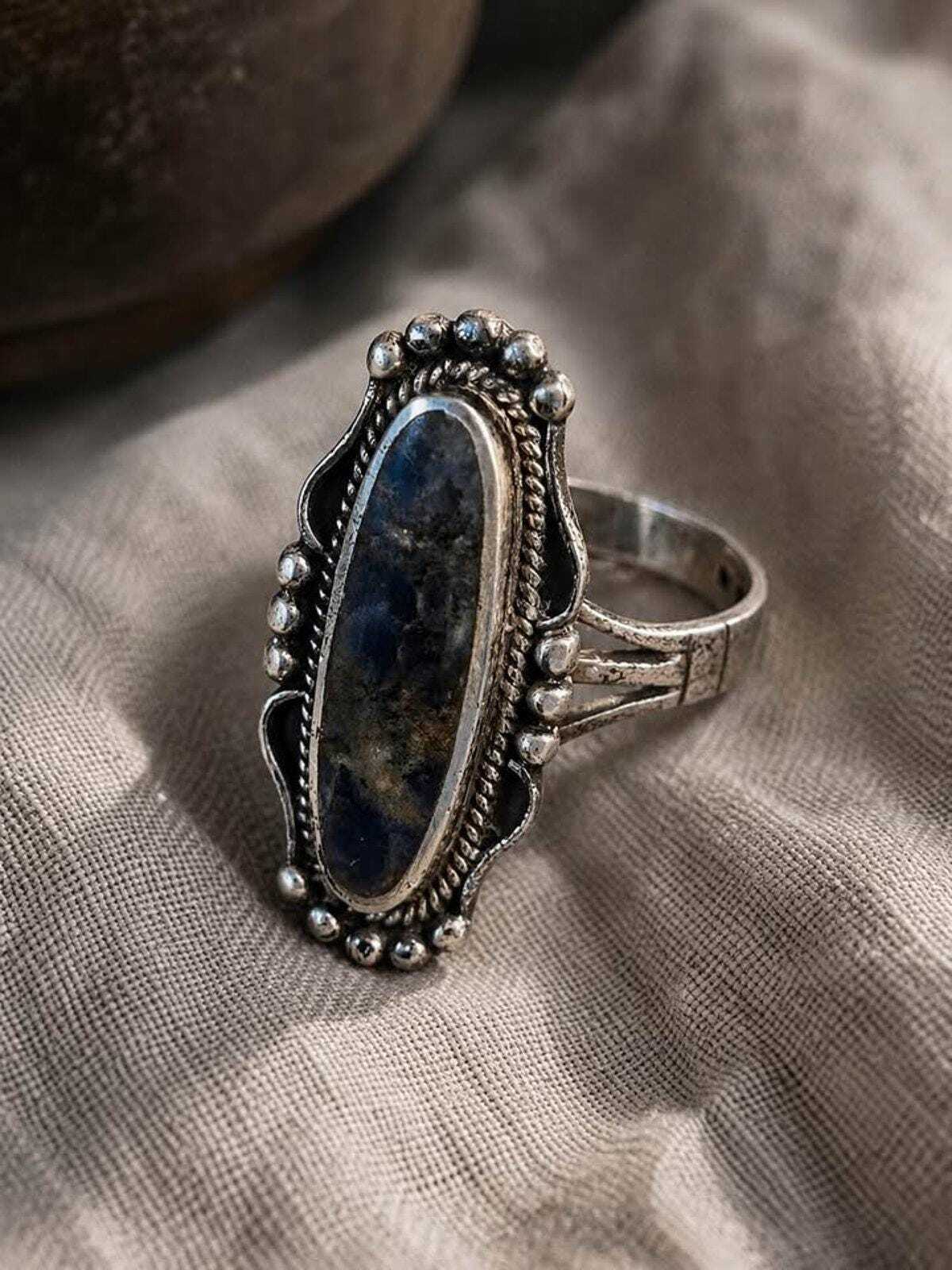 Vintage Sodalite 925 Sterling Silver Elongated Statement Ring Size 8