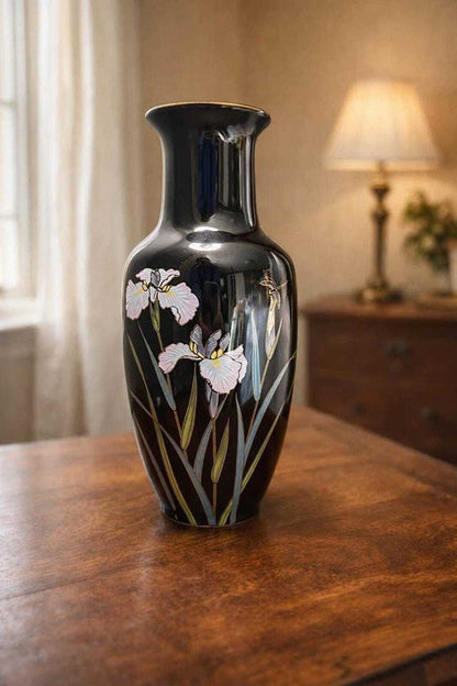 Kyoritsu Japan Black Porcelain Iris Vase