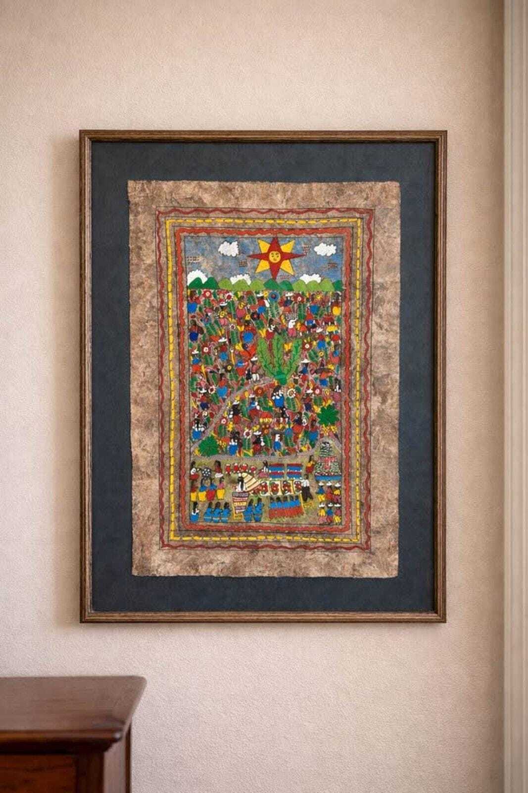 Vintage Mexican Amate Bark Painting – Nahua Folk Art Wedding Scene