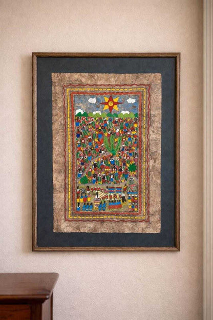 Vintage Mexican Amate Bark Painting – Nahua Folk Art Wedding Scene
