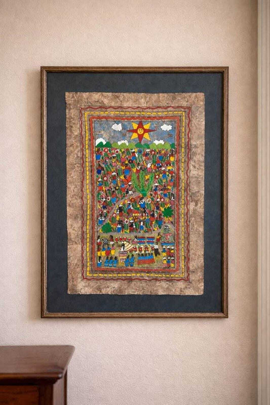 Vintage Mexican Amate Bark Painting – Nahua Folk Art Wedding Scene