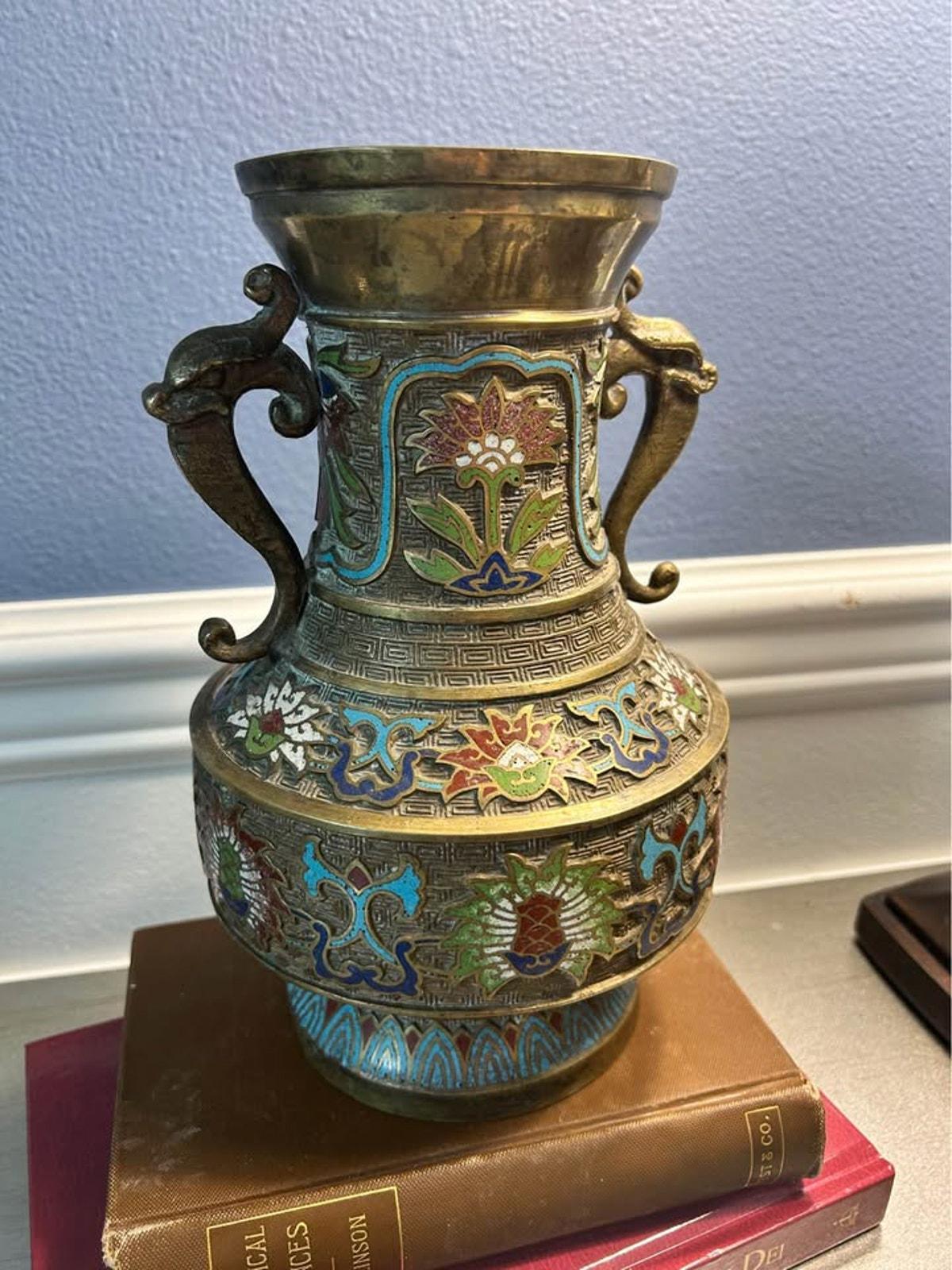 Antique Japanese Champleve Enamel Brass Vase