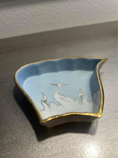 Antique Nippon Porcelain Fan Dish | Hand Painted Crane Moriage Motif