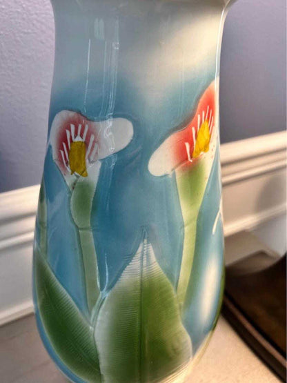Large Hand-Painted Calla Lily Ceramic Vase with Chinese Calligraphy