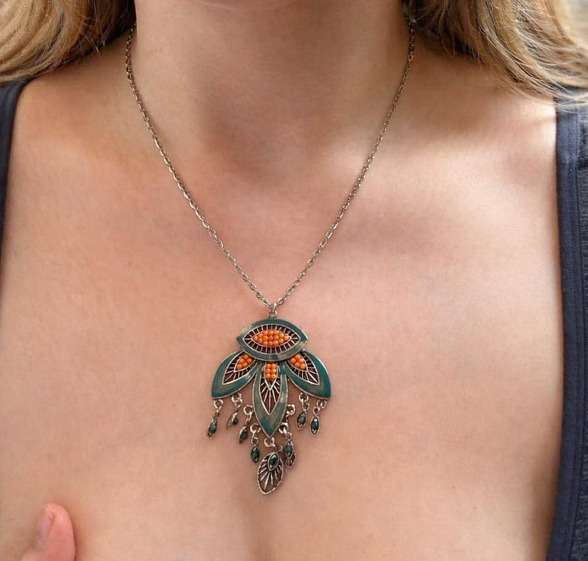 Boho Teal Enamel and Coral Seed Bead Chandelier Pendant Necklace