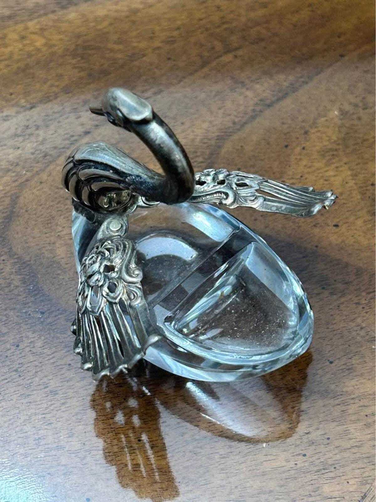 Vintage West German Sterling Silver and Cut Crystal Articulated Swan Salt Cellar