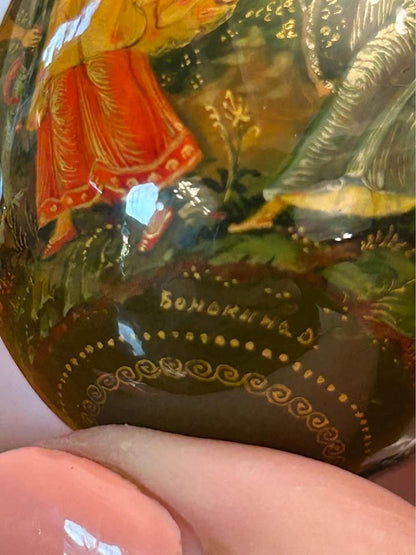 Vintage 1971 Palekh Russian Lacquer Egg on Stand O. Vonokina Miniature