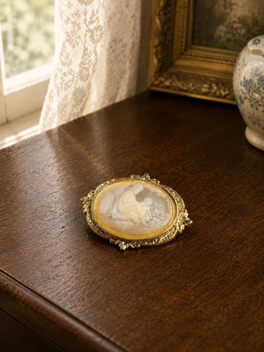 Vintage Victorian Revival Mother and Child Cameo Brooch Frosted Molded Inset Gold-Tone Frame