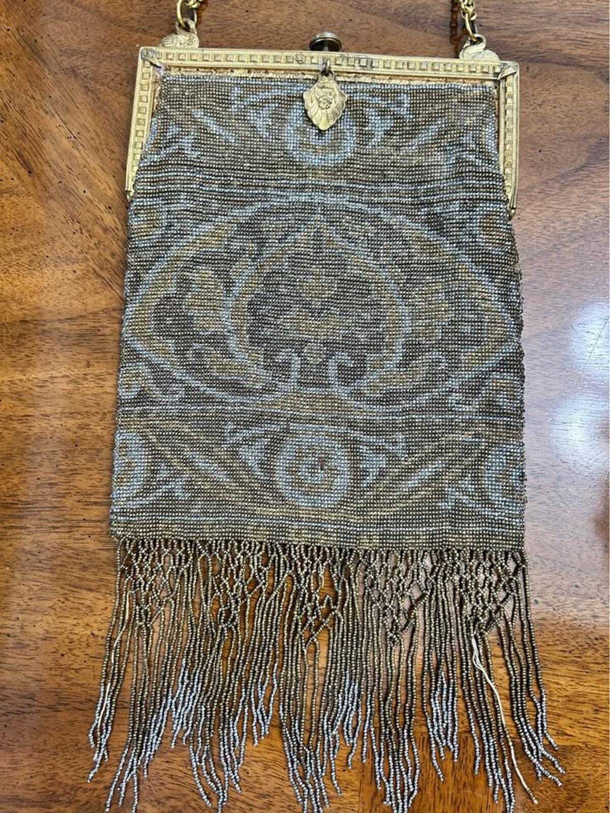 Antique 1920s Art Deco Micro-Beaded Evening Purse with Brass Swan Frame
