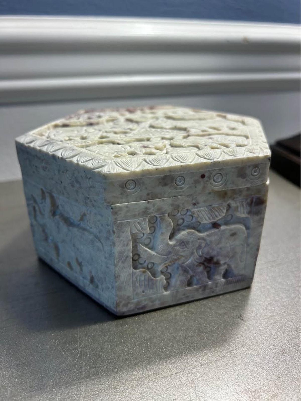 Hand-Carved Soapstone Hexagonal Box with Elephant Relief