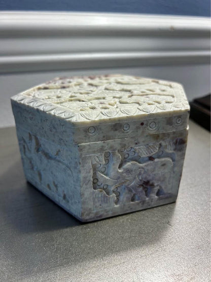 Hand-Carved Soapstone Hexagonal Box with Elephant Relief