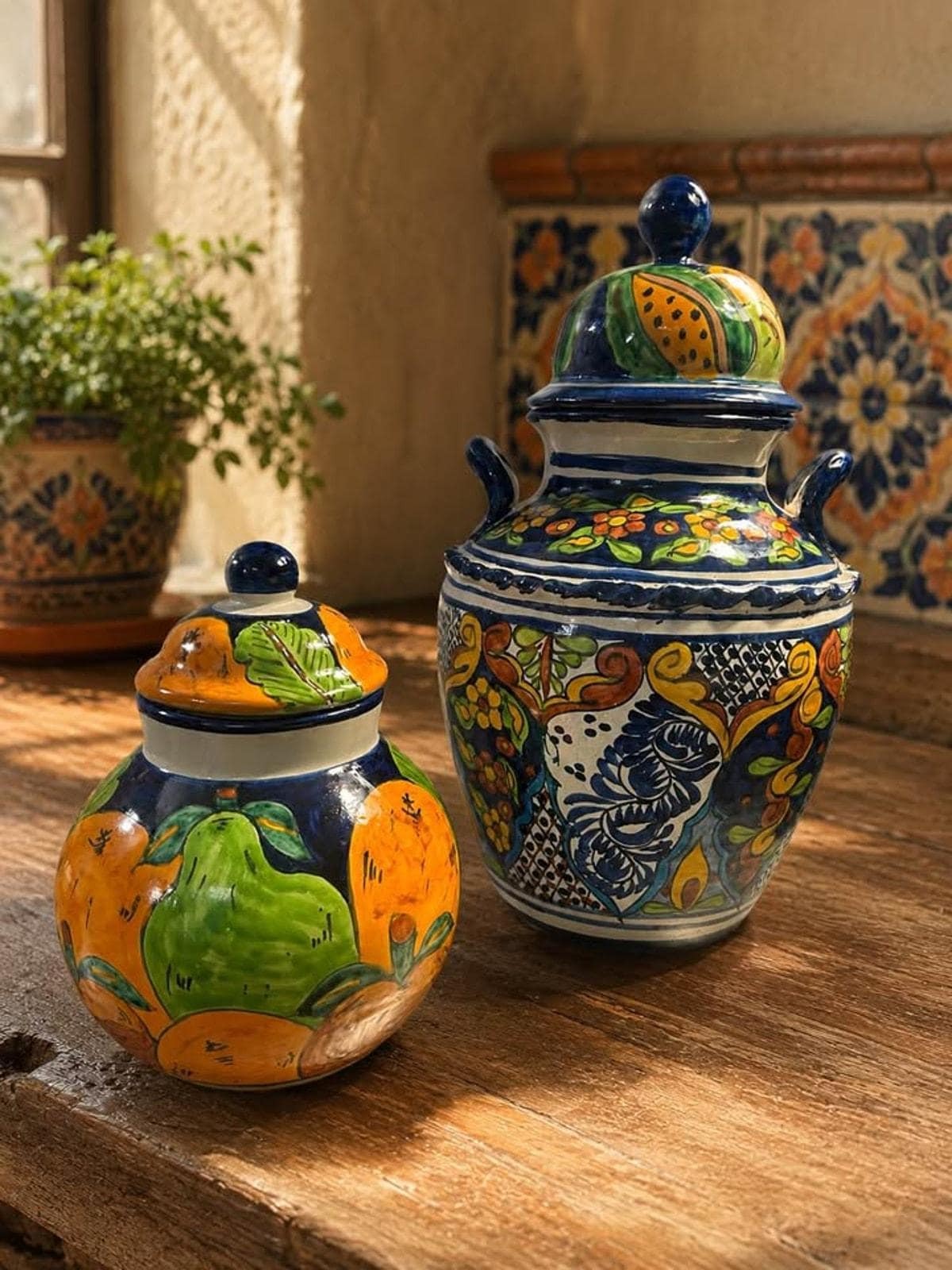 Venegas Mexico Talavera Pottery Set, Signed Lidded Ginger Jar and Urn