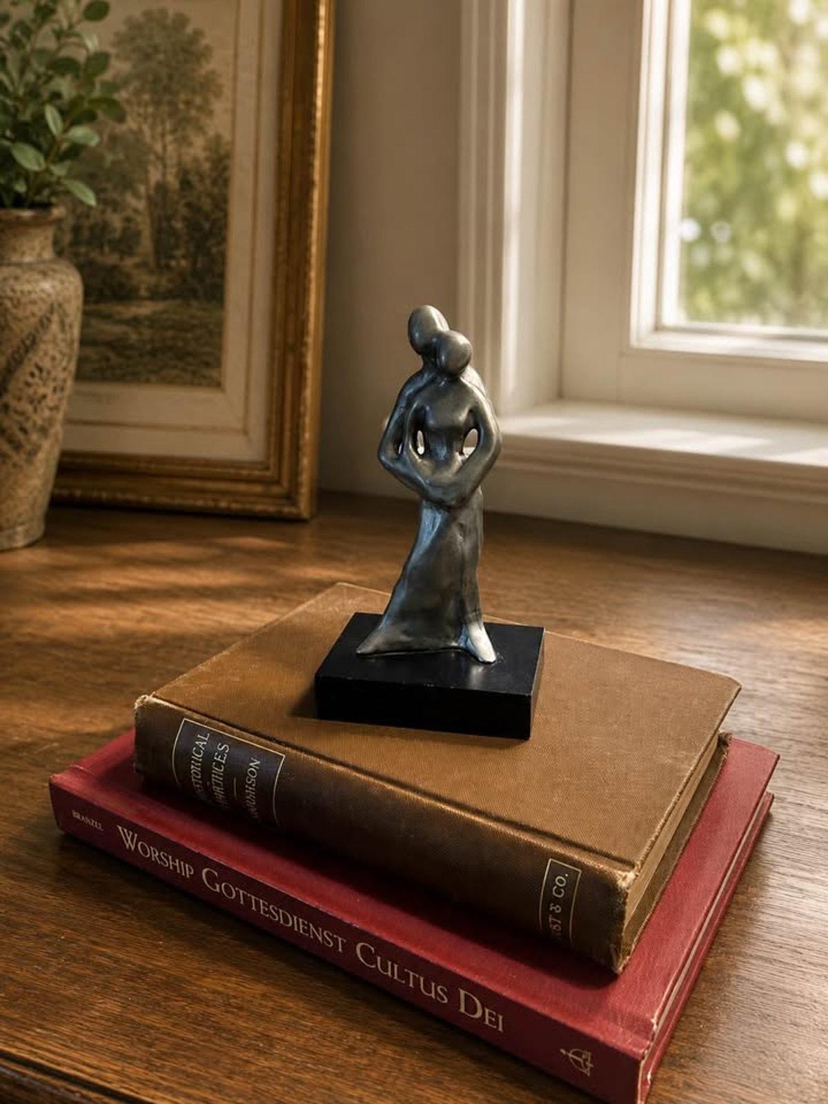 L. Chanin Abstract Pewter Couple Sculpture | Modernist Lovers Statue, Black Stone Base