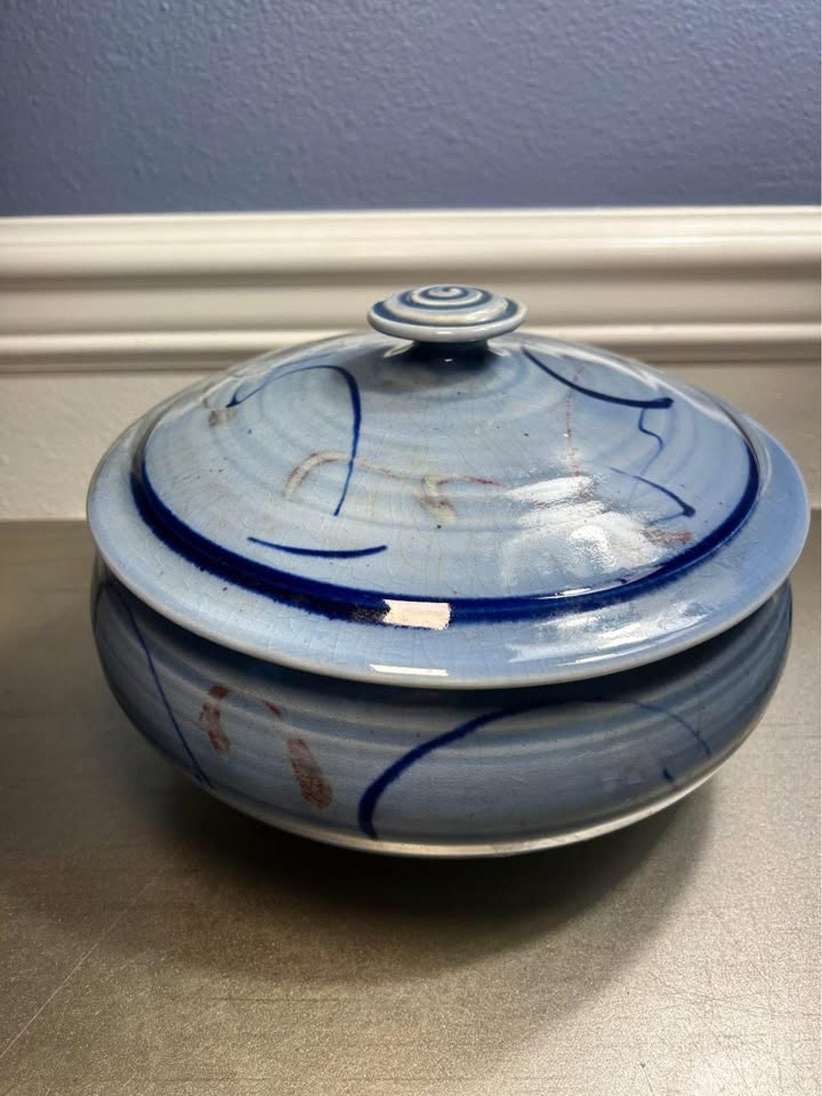 Signed Studio Pottery Covered Bowl | Blue Crackle Glaze & Spiral Knob
