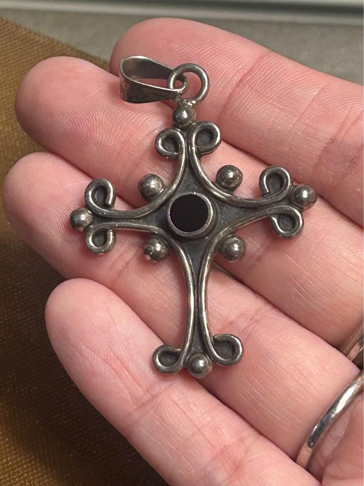 Vintage Sterling Silver Scrollwork Cross Pendant Black Cabochon Gothic Revival Artisan